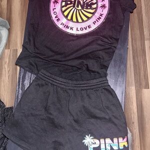 PINK Victoria's Secret Black Tee with Pink and Yellow Logo